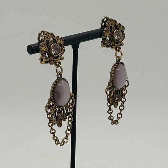 Vintage Gold Tone Drop Earrings Lavender Cabochons & Chain Dangles Elegant Retro - Picture 6 of 15